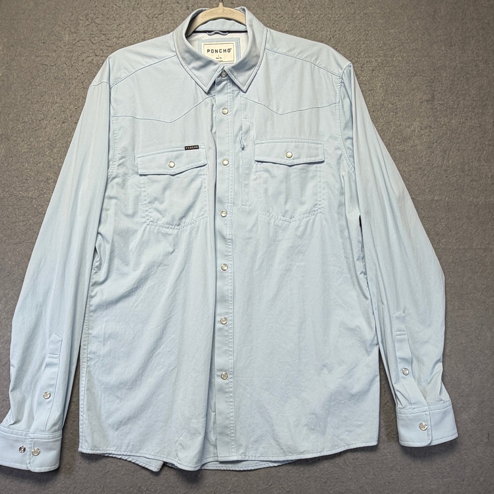 Poncho Outdoor Men L Slim Fit Light Blue Western Pearl Snap Vented Fishing Shirt
